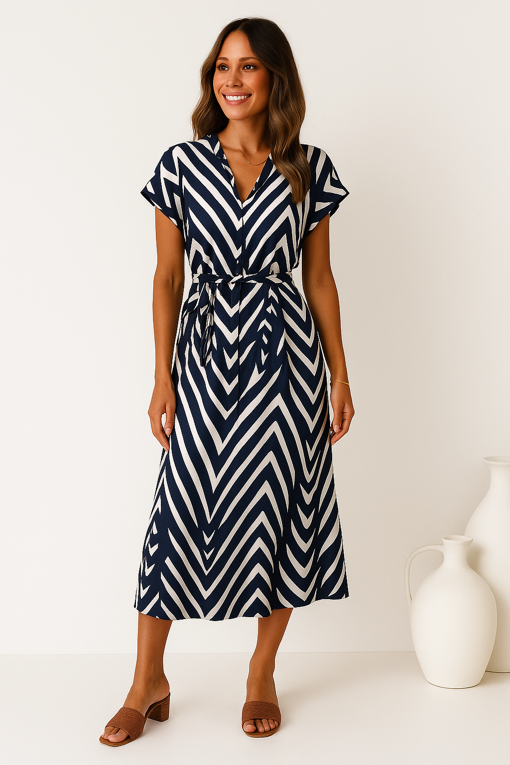 Lovaé™ | Geometrisk Print Kjole med Bindebælte