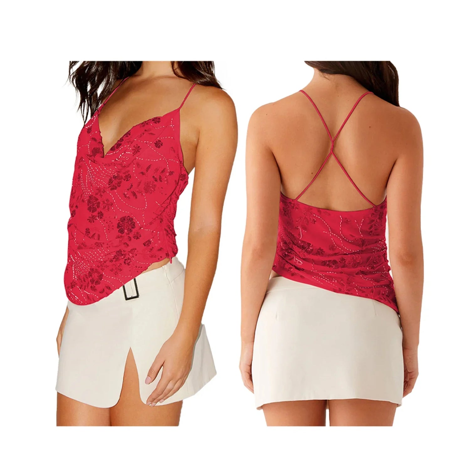 Lovaé™ | Smuk sommer top med perleglimmer, broderede blomster og V-hals.