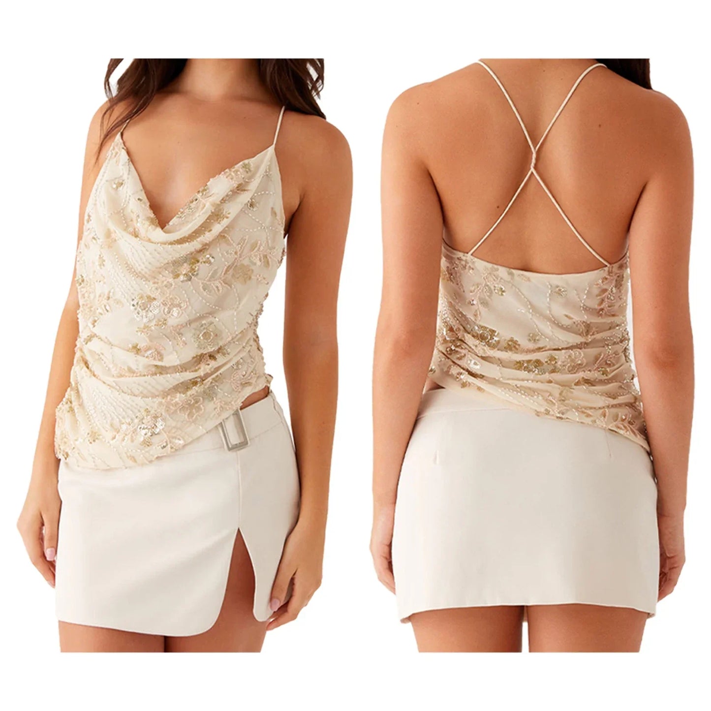 Lovaé™ | Smuk sommer top med perleglimmer, broderede blomster og V-hals.