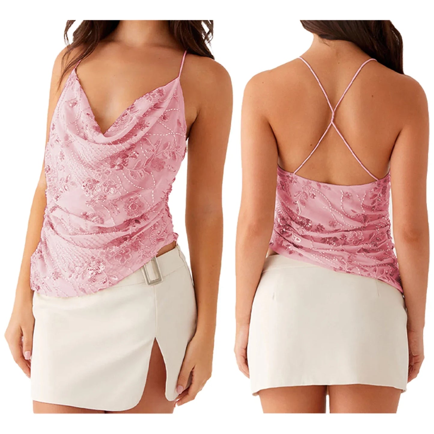 Lovaé™ | Smuk sommer top med perleglimmer, broderede blomster og V-hals.