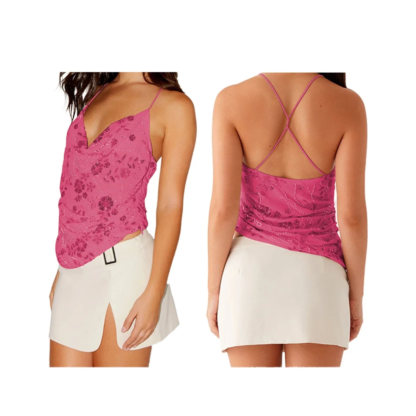 Lovaé™ | Smuk sommer top med perleglimmer, broderede blomster og V-hals.