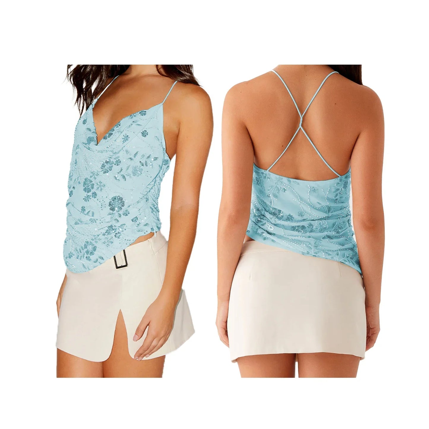 Lovaé™ | Smuk sommer top med perleglimmer, broderede blomster og V-hals.