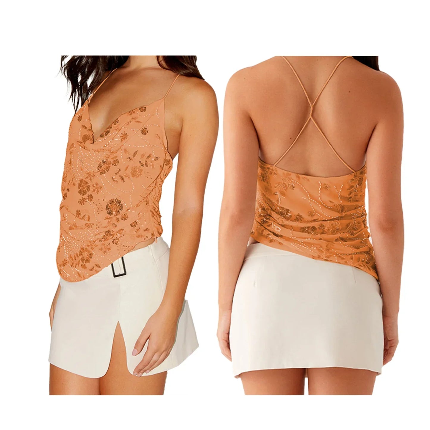 Lovaé™ | Smuk sommer top med perleglimmer, broderede blomster og V-hals.